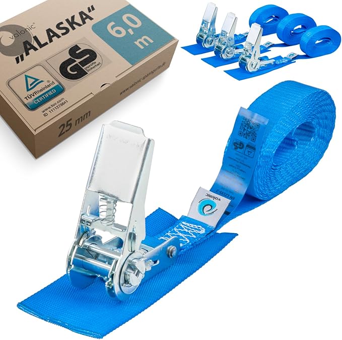 valonic Alaska, 4X 6m Sangle d'arrimage avec cliquet, 25mm, 800 Kg, rembourrée, Certifié TÜV Rheinl. / GS, en 12195-2 - Sangles de Serrage pour Moto et remorque, Bleu