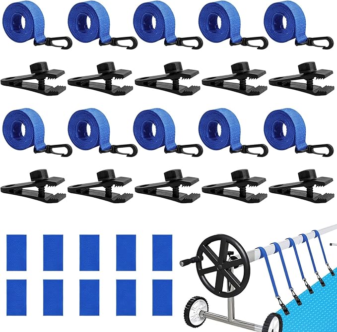 Fixation pour Bâche Solaire de Piscine,10 Pièces Kit de Sangles de Couverture Solaire,Enrouleur de Couverture Solaire,Sangles de Fixation,Pinces,pour Couvertures de Bâches de Piscine